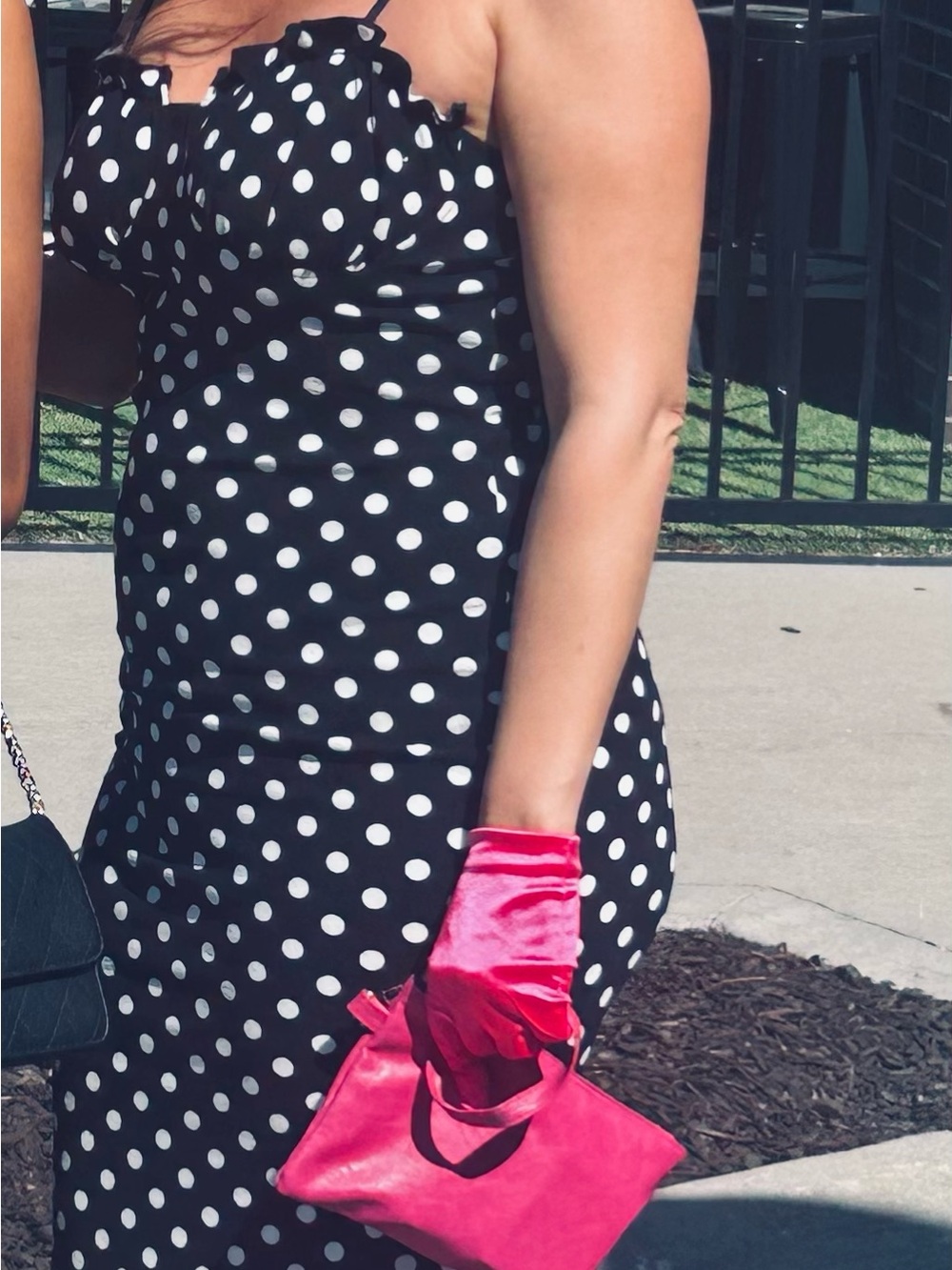 Black Polka Dot form fitting Dress with Pink Satin Gloves and fascinator